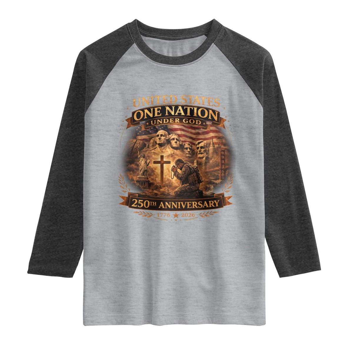 Blessings 250 Years America Raglan Shirt Christian Patriotic One Nation Under God Founding Fathers TS10 Heather Gray Heather Charcoal Print Your Wear