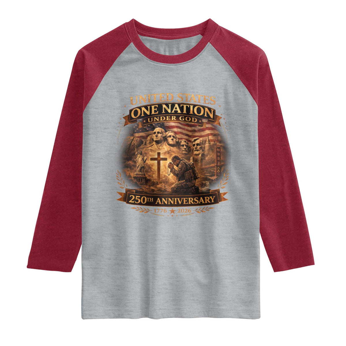 Blessings 250 Years America Raglan Shirt Christian Patriotic One Nation Under God Founding Fathers TS10 Heather Gray Heather Red Print Your Wear