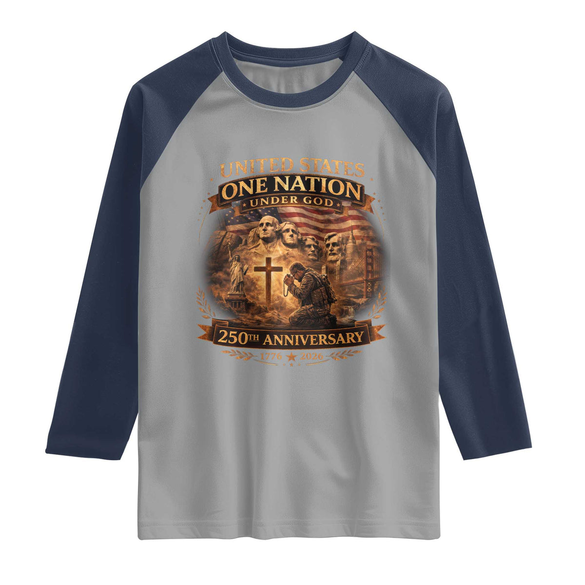 Blessings 250 Years America Raglan Shirt Christian Patriotic One Nation Under God Founding Fathers TS10 Sport Gray Navy Print Your Wear