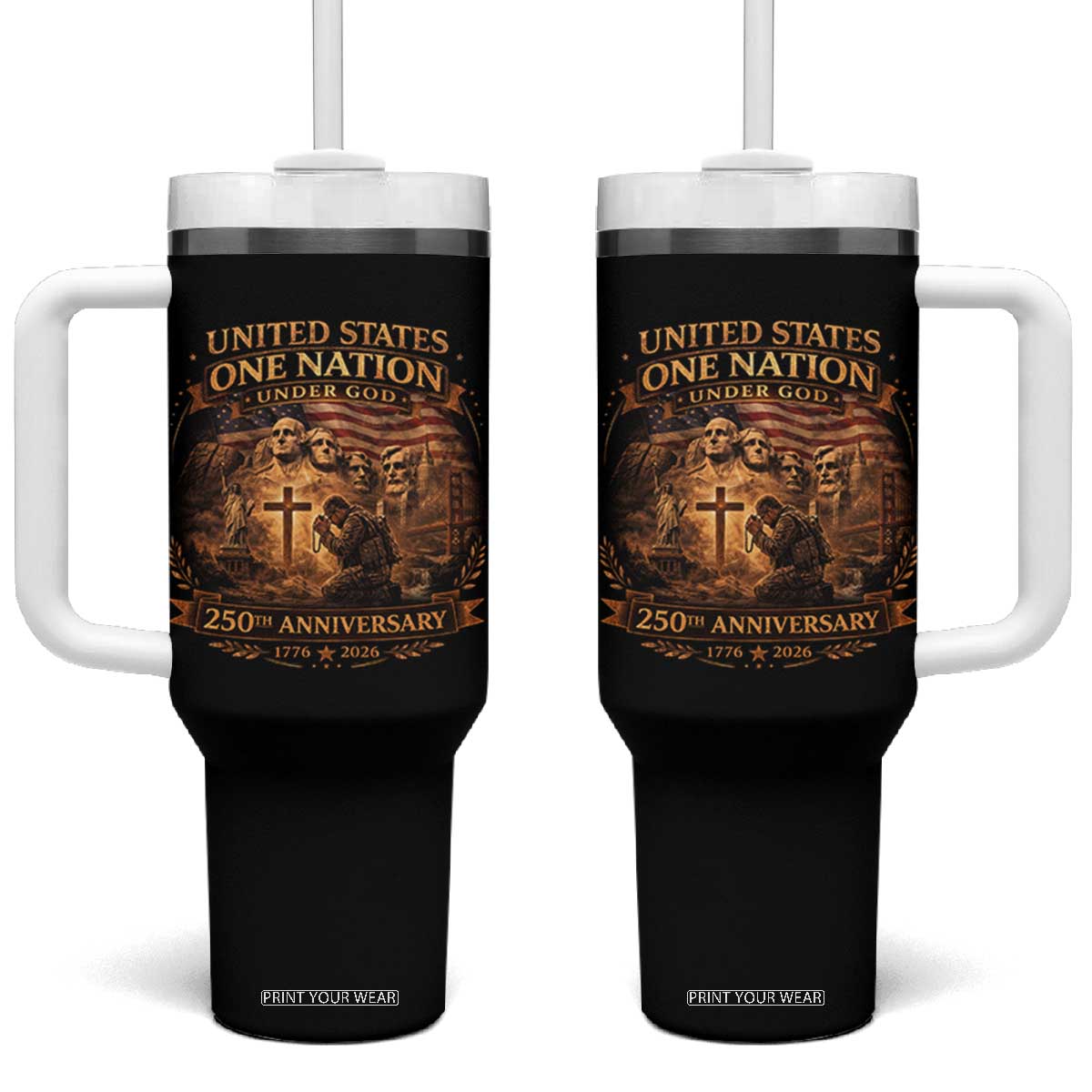Blessings 250 Years America Tumbler With Handle Christian Patriotic One Nation Under God Founding Fathers TS10 One Size: 40 oz Black Print Your Wear