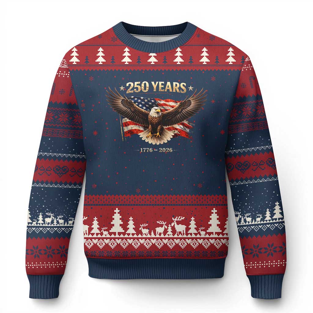 250 Years USA Ugly Christmas Sweater Patriotic Eagle America Flag 250th Anniversary 1776 2026 TS10 Navy Red Print Your Wear