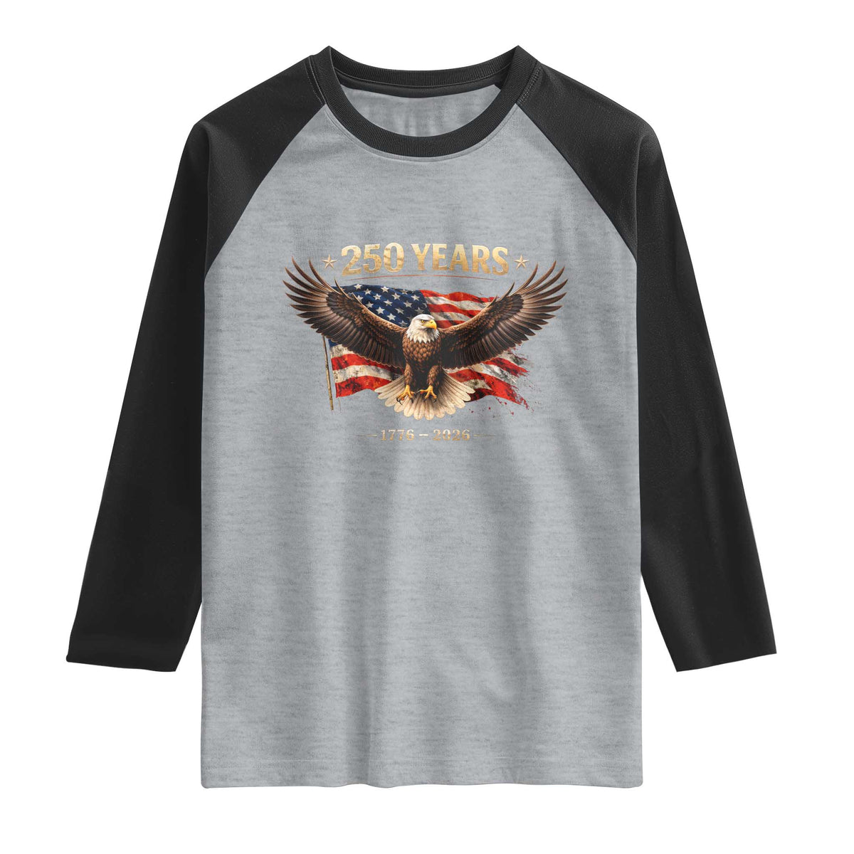 250 Years USA Raglan Shirt Patriotic Eagle America Flag 250th Anniversary 1776 2026 TS10 Heather Gray Black Print Your Wear