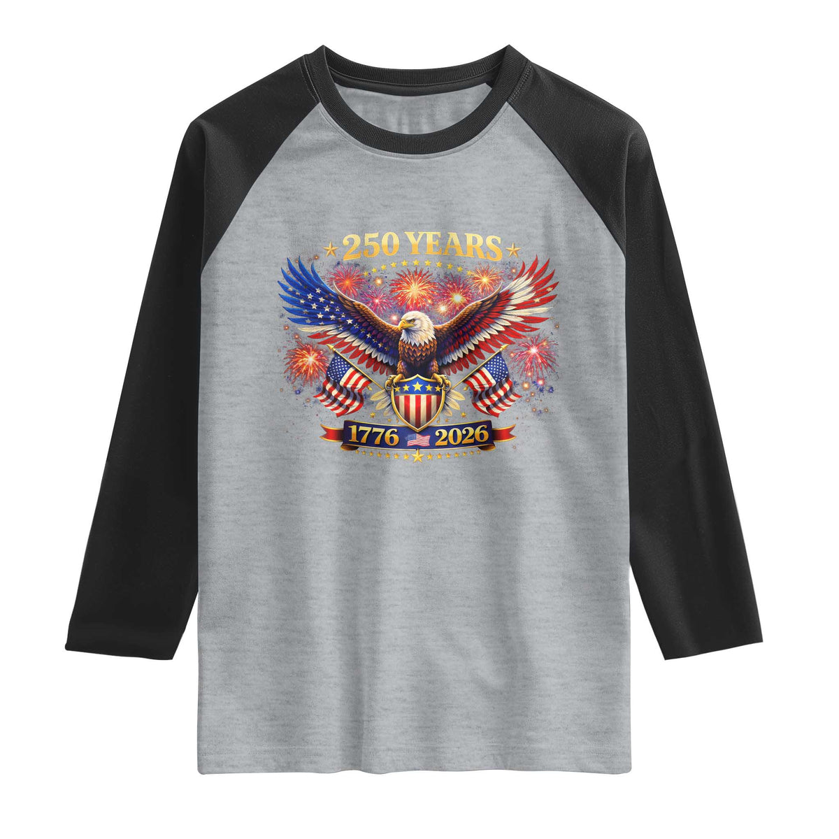 USA 250th Anniversary Eagle Raglan Shirt 4th July Independence Day Patriotic USA Flag TS10 Heather Gray Black Print Your Wear