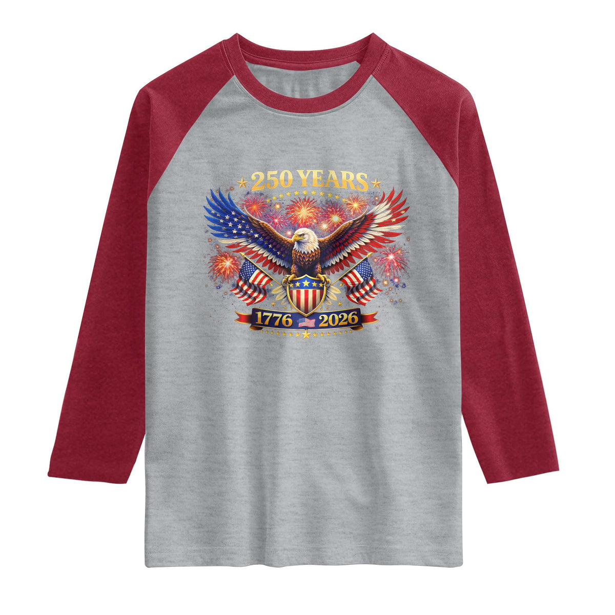 USA 250th Anniversary Eagle Raglan Shirt 4th July Independence Day Patriotic USA Flag TS10 Heather Gray Heather Red Print Your Wear
