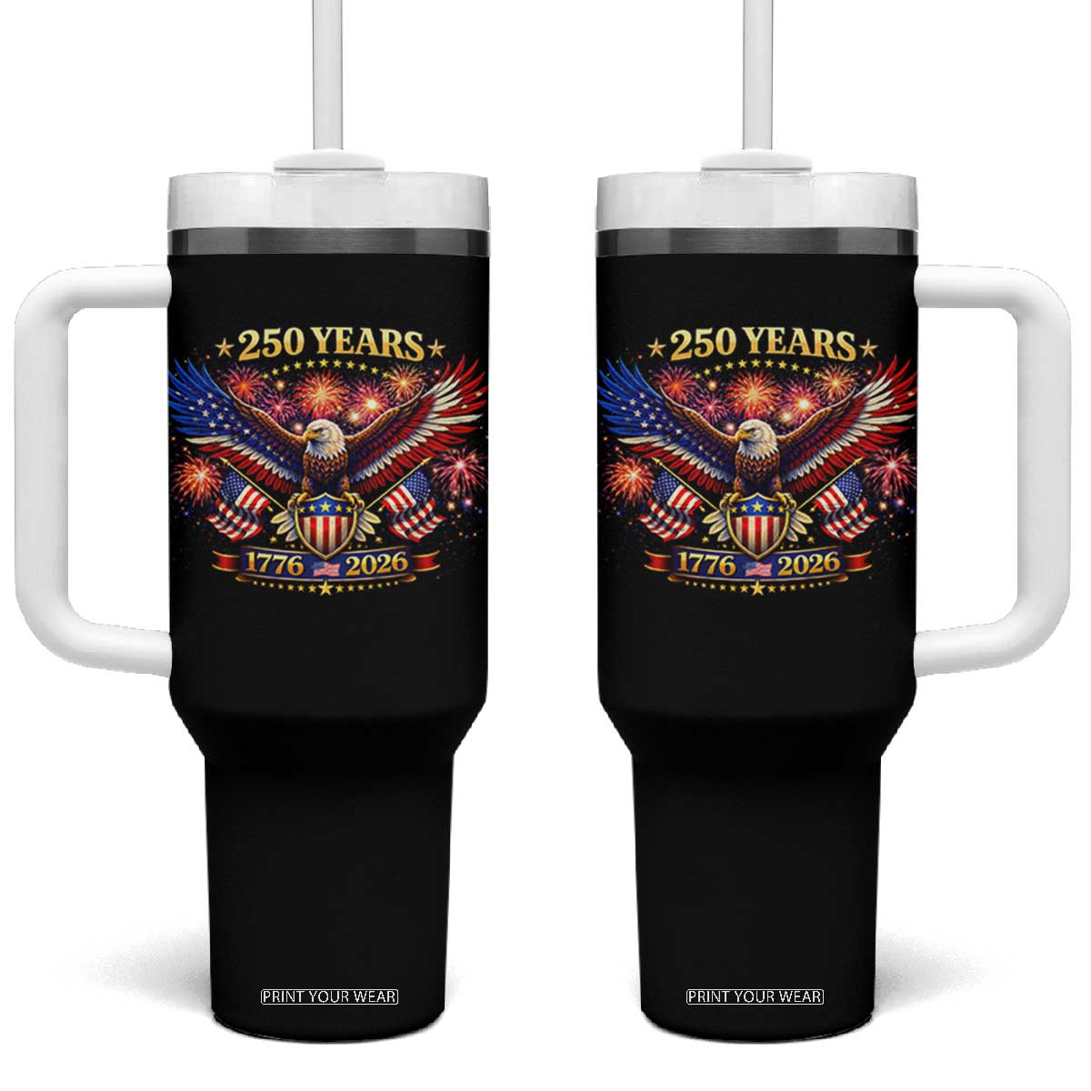 USA 250th Anniversary Eagle Tumbler With Handle 4th July Independence Day Patriotic USA Flag TS10 One Size: 40 oz Black Print Your Wear