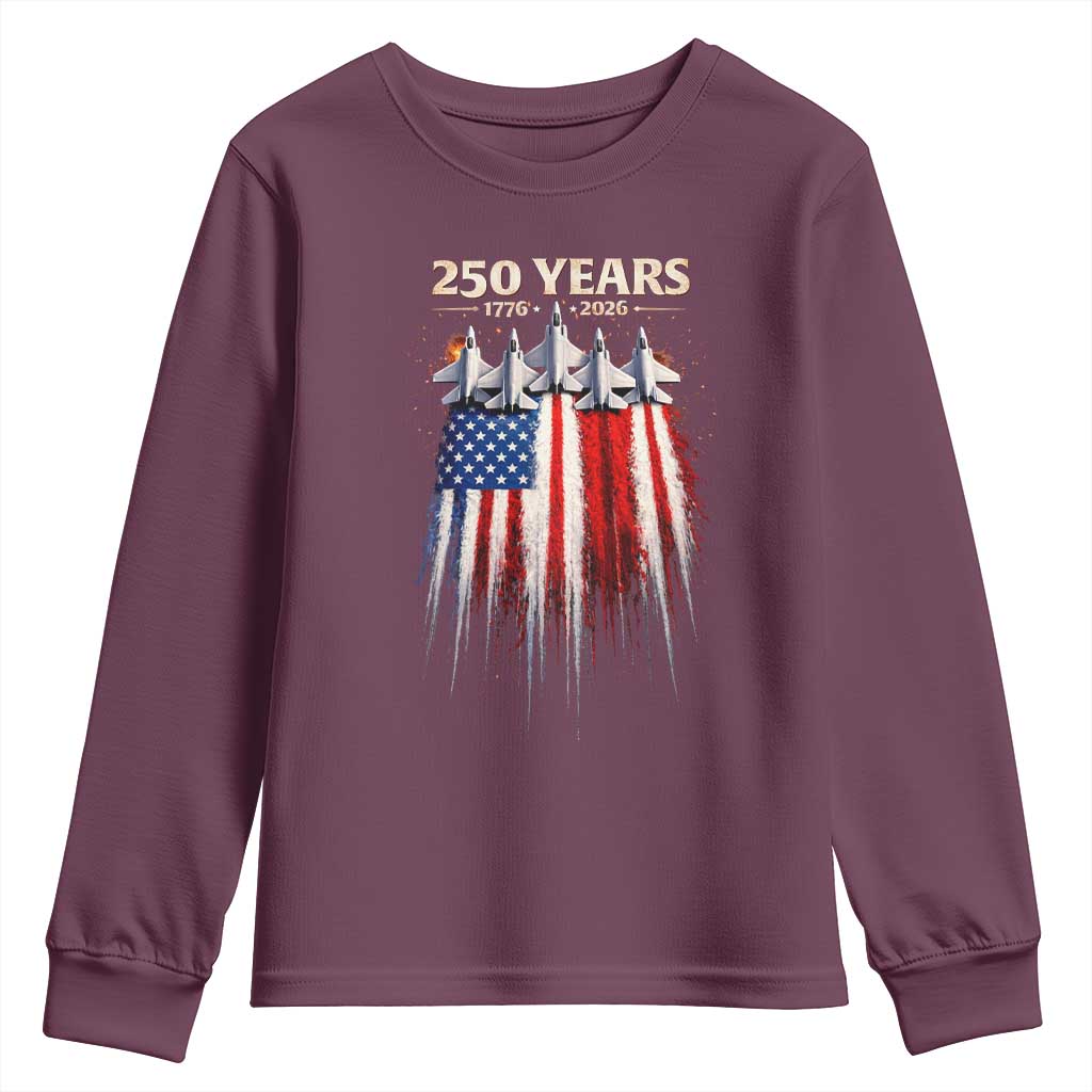 250 Years Anniversary Youth Sweatshirt Usa American Flag 1776 2026 Patriotic Independence Day 4th July TS10 Maroon Print Your Wear
