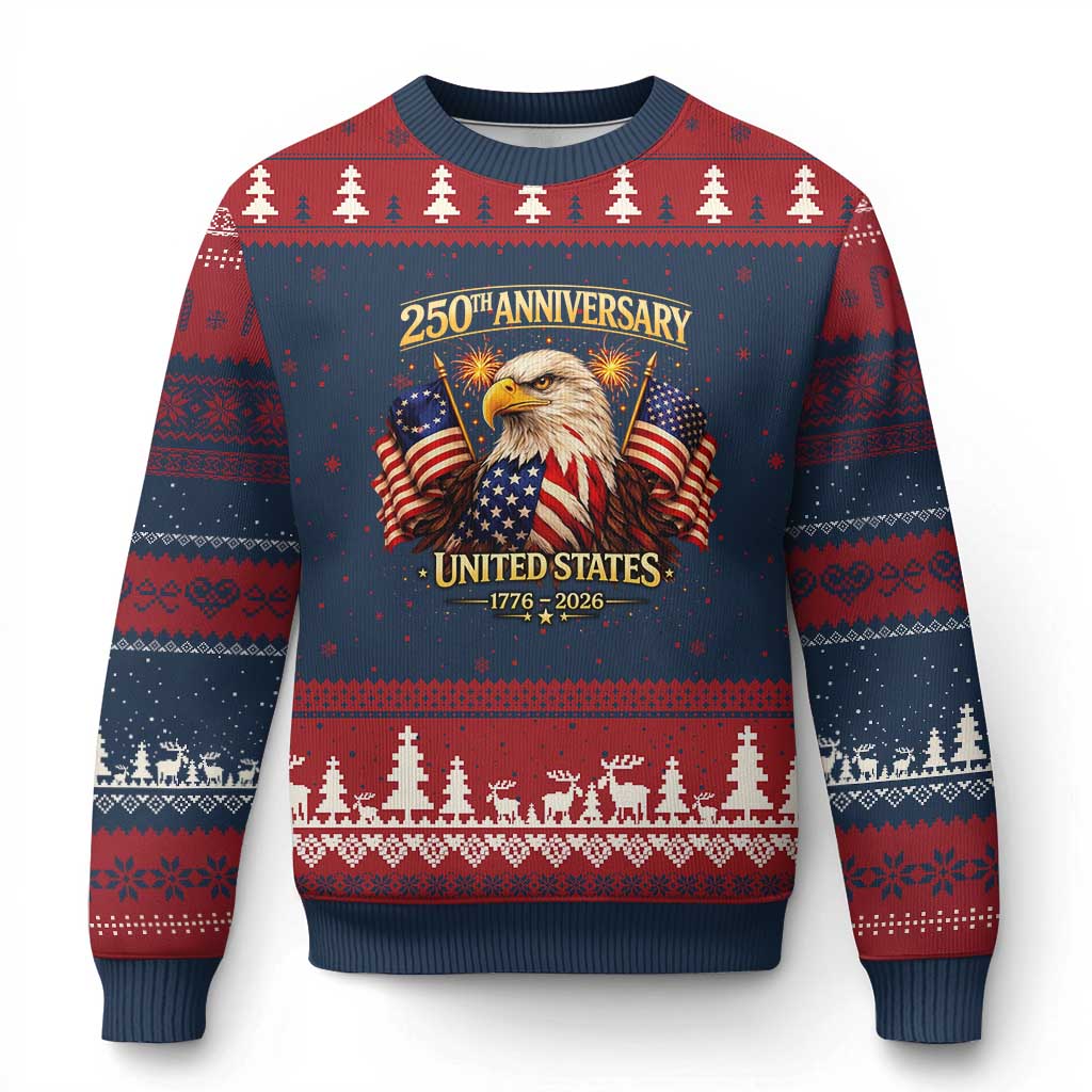 250th Anniversary Ugly Christmas Sweater United States 250 Years Birthday 1776 2026 Eagle USA Flag TS10 Navy Red Print Your Wear