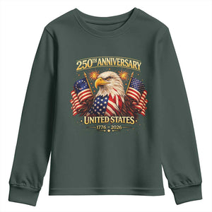 250th Anniversary Youth Sweatshirt United States 250 Years Birthday 1776 2026 Eagle USA Flag TS10 Dark Forest Green Print Your Wear