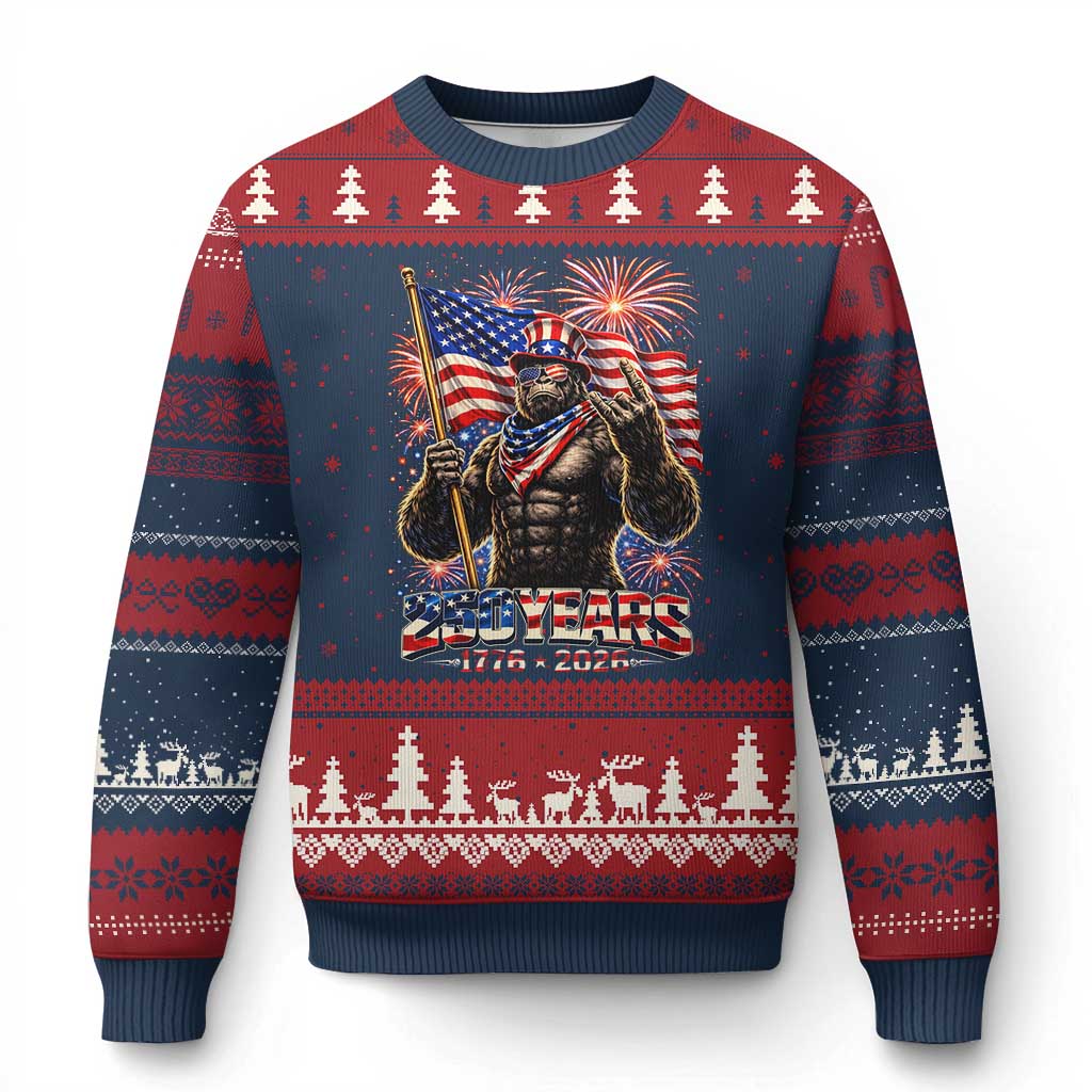 Bigfoot 250th Anniversary Ugly Christmas Sweater USA Independence 250 Years Of Freedom 1776 2026 Patriotic Flag TS10 Navy Red Print Your Wear