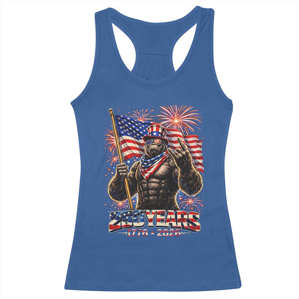 Bigfoot 250th Anniversary Racerback Tank Top USA Independence 250 Years Of Freedom 1776 2026 Patriotic Flag TS10 Royal Blue Print Your Wear