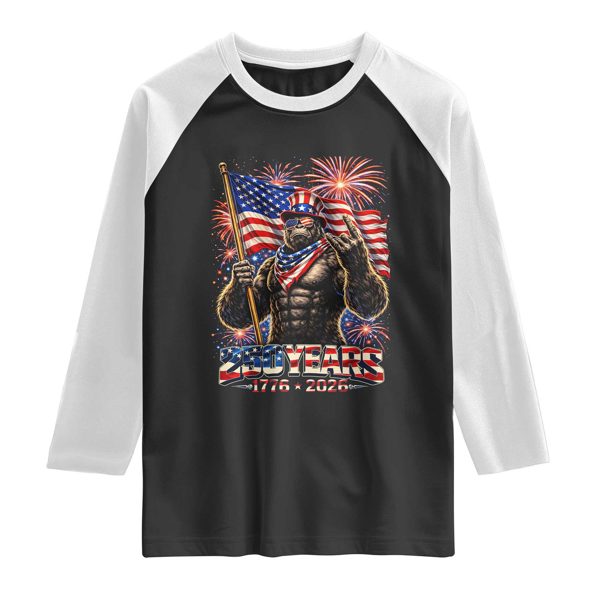 Bigfoot 250th Anniversary Raglan Shirt USA Independence 250 Years Of Freedom 1776 2026 Patriotic Flag TS10 Black White Print Your Wear
