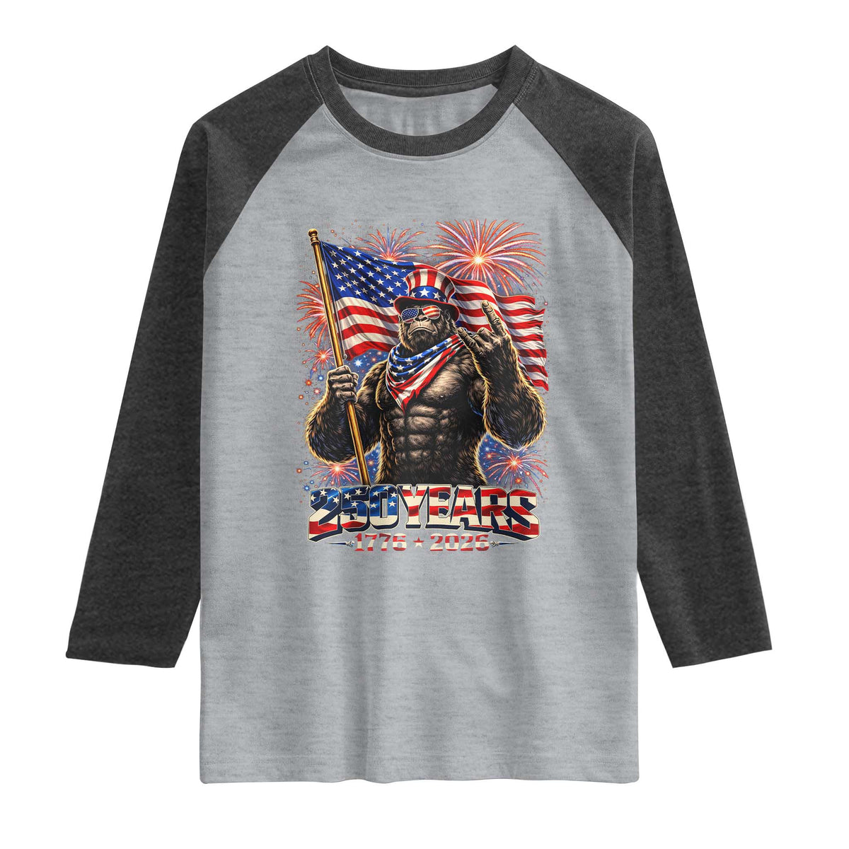 Bigfoot 250th Anniversary Raglan Shirt USA Independence 250 Years Of Freedom 1776 2026 Patriotic Flag TS10 Heather Gray Heather Charcoal Print Your Wear