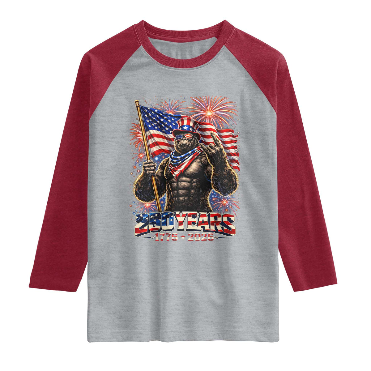 Bigfoot 250th Anniversary Raglan Shirt USA Independence 250 Years Of Freedom 1776 2026 Patriotic Flag TS10 Heather Gray Heather Red Print Your Wear