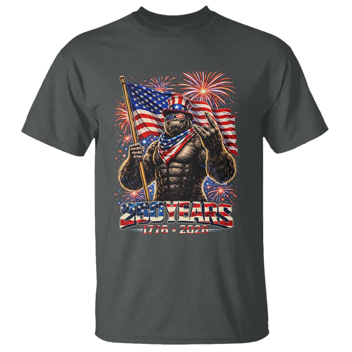 Bigfoot 250th Anniversary T Shirt USA Independence 250 Years Of Freedom 1776 2026 Patriotic Flag TS10 Dark Heather Print Your Wear