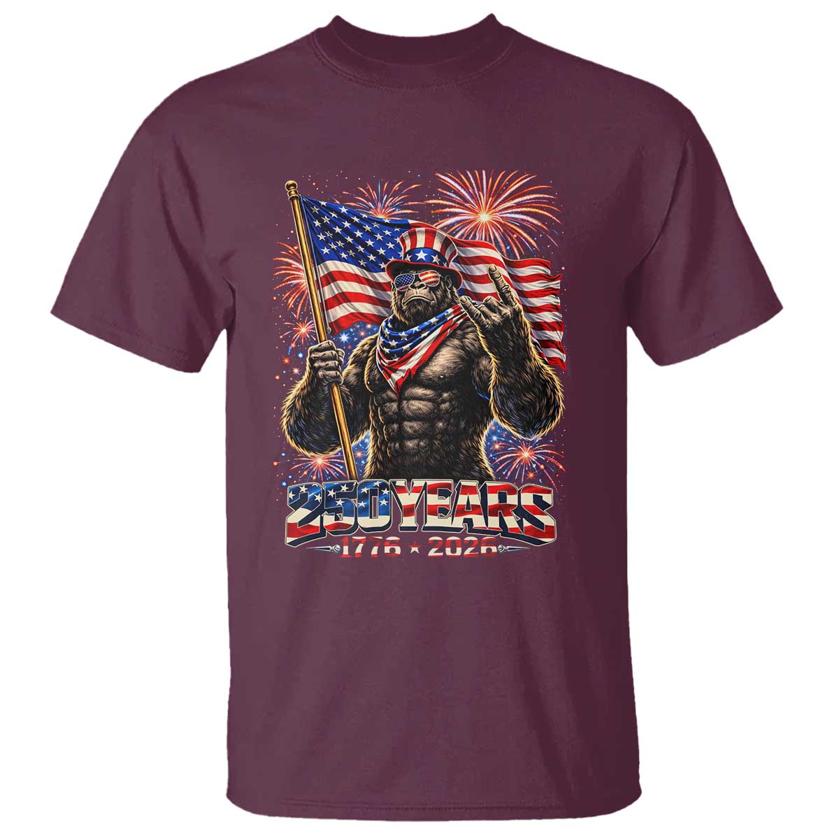 Bigfoot 250th Anniversary T Shirt USA Independence 250 Years Of Freedom 1776 2026 Patriotic Flag TS10 Maroon Print Your Wear