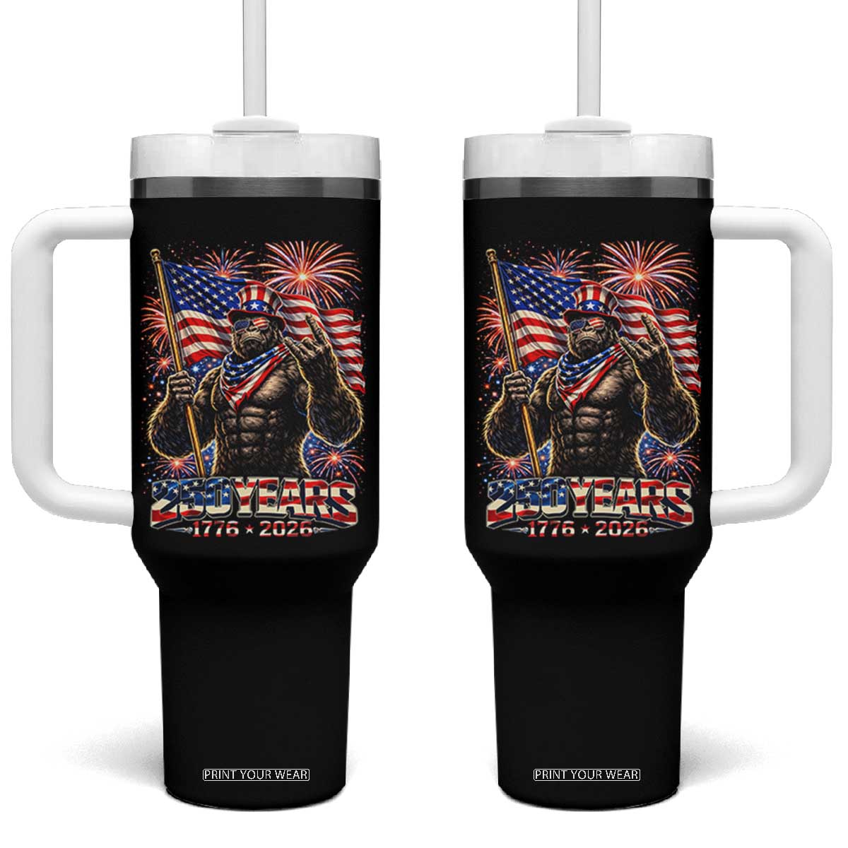 Bigfoot 250th Anniversary Tumbler With Handle USA Independence 250 Years Of Freedom 1776 2026 Patriotic Flag TS10 One Size: 40 oz Black Print Your Wear