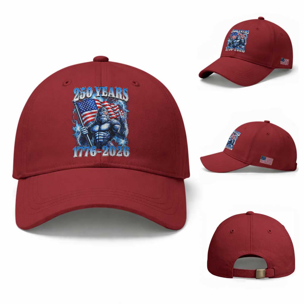 Bigfoot 250th Anniversary America Baseball Cap 250 Years Of Freedom 4th July 1776 2026 Patriotic Flag TS10 Baseball Cap Universal Fit Cherry Red Print Your Wear