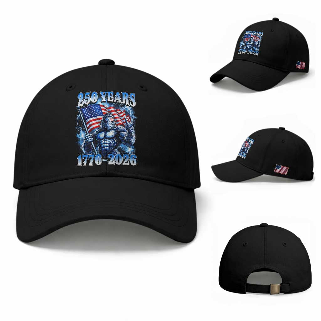 Bigfoot 250th Anniversary America Baseball Cap 250 Years Of Freedom 4th July 1776 2026 Patriotic Flag TS10 Baseball Cap Universal Fit Black Print Your Wear