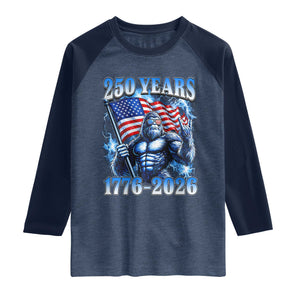 Bigfoot 250th Anniversary America Raglan Shirt 250 Years Of Freedom 4th July 1776 2026 Patriotic Flag TS10 Heather Denim Navy Print Your Wear