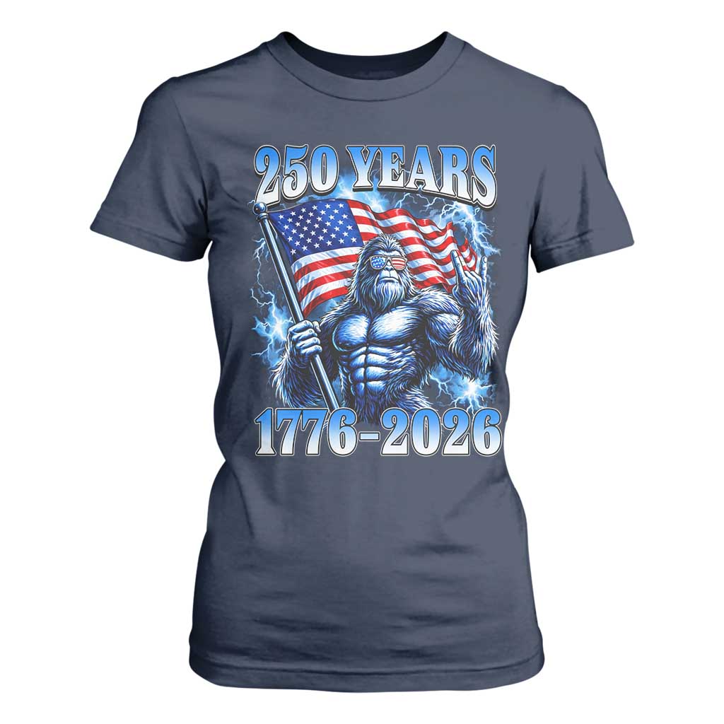Bigfoot 250th Anniversary America T Shirt For Women 250 Years Of Freedom 4th July 1776 2026 Patriotic Flag TS10 Navy Print Your Wear