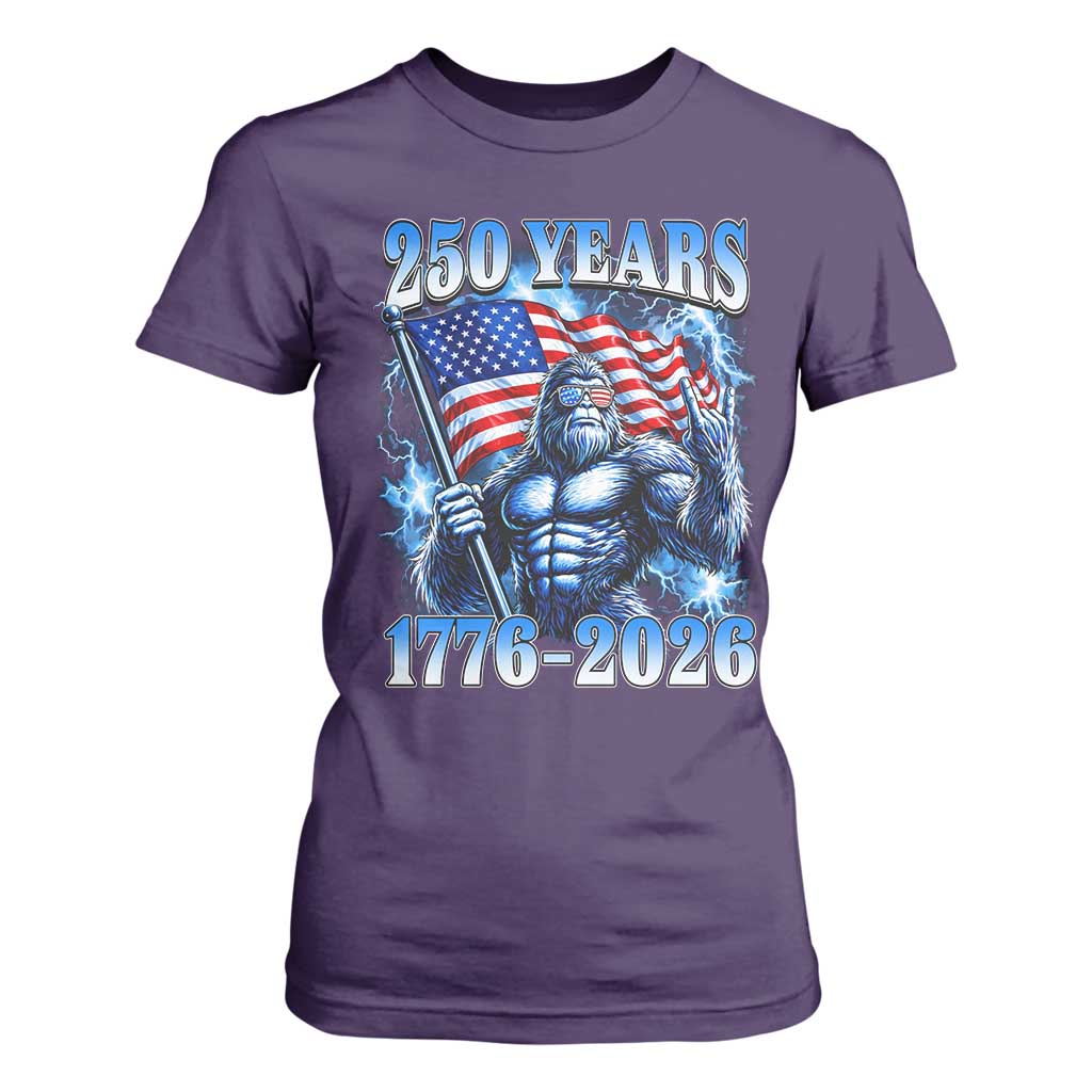 Bigfoot 250th Anniversary America T Shirt For Women 250 Years Of Freedom 4th July 1776 2026 Patriotic Flag TS10 Purple Print Your Wear