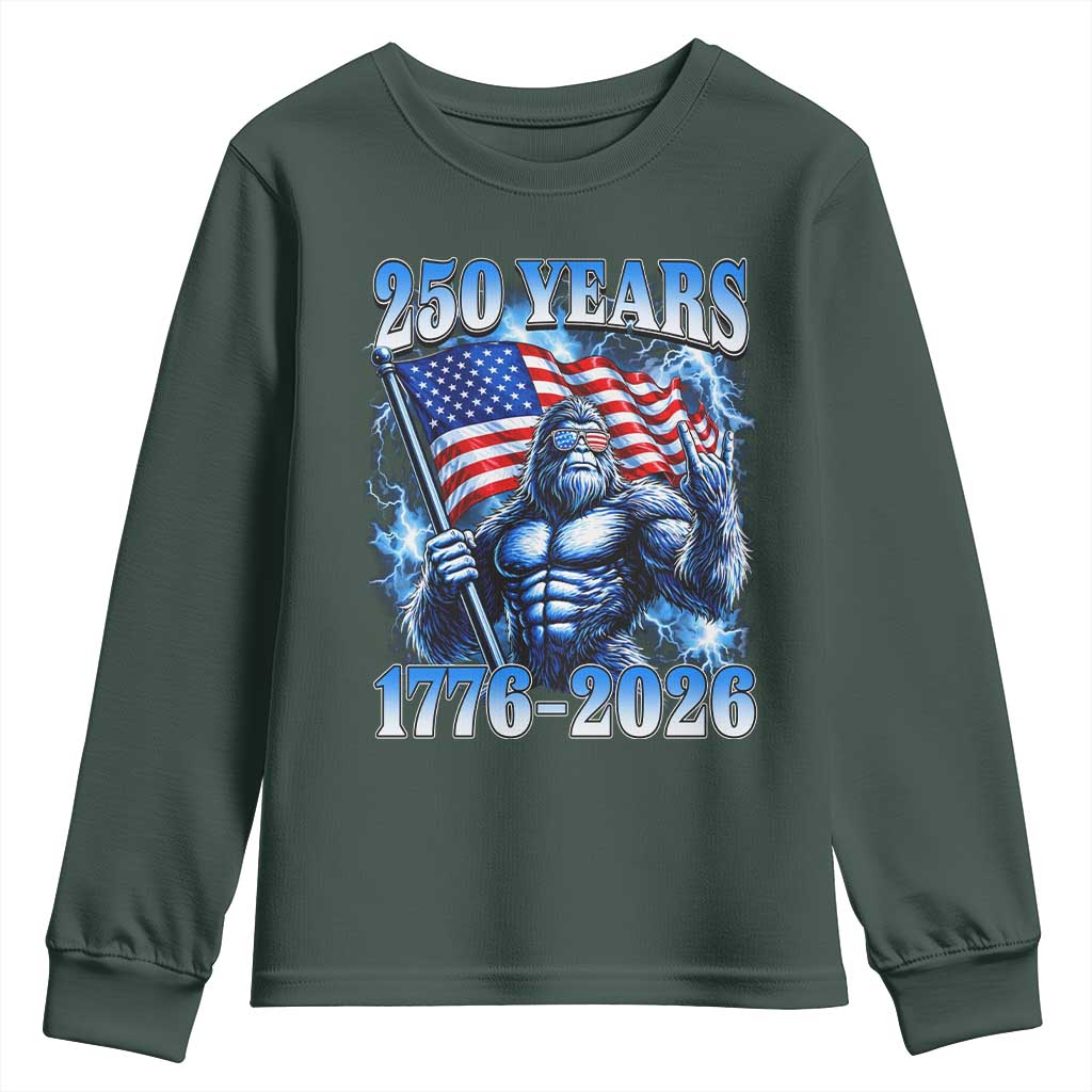 Bigfoot 250th Anniversary America Youth Sweatshirt 250 Years Of Freedom 4th July 1776 2026 Patriotic Flag TS10 Dark Forest Green Print Your Wear