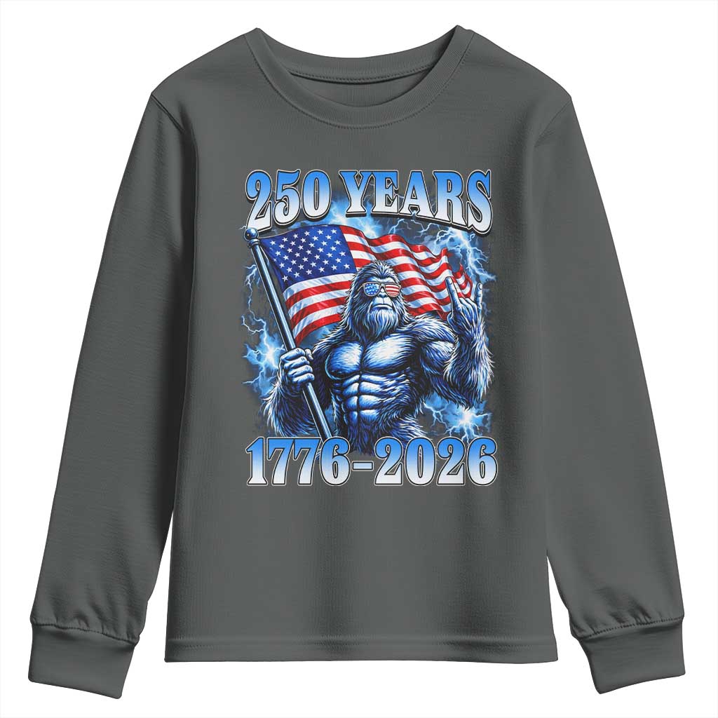 Bigfoot 250th Anniversary America Youth Sweatshirt 250 Years Of Freedom 4th July 1776 2026 Patriotic Flag TS10 Dark Heather Print Your Wear