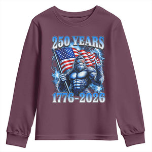 Bigfoot 250th Anniversary America Youth Sweatshirt 250 Years Of Freedom 4th July 1776 2026 Patriotic Flag TS10 Maroon Print Your Wear