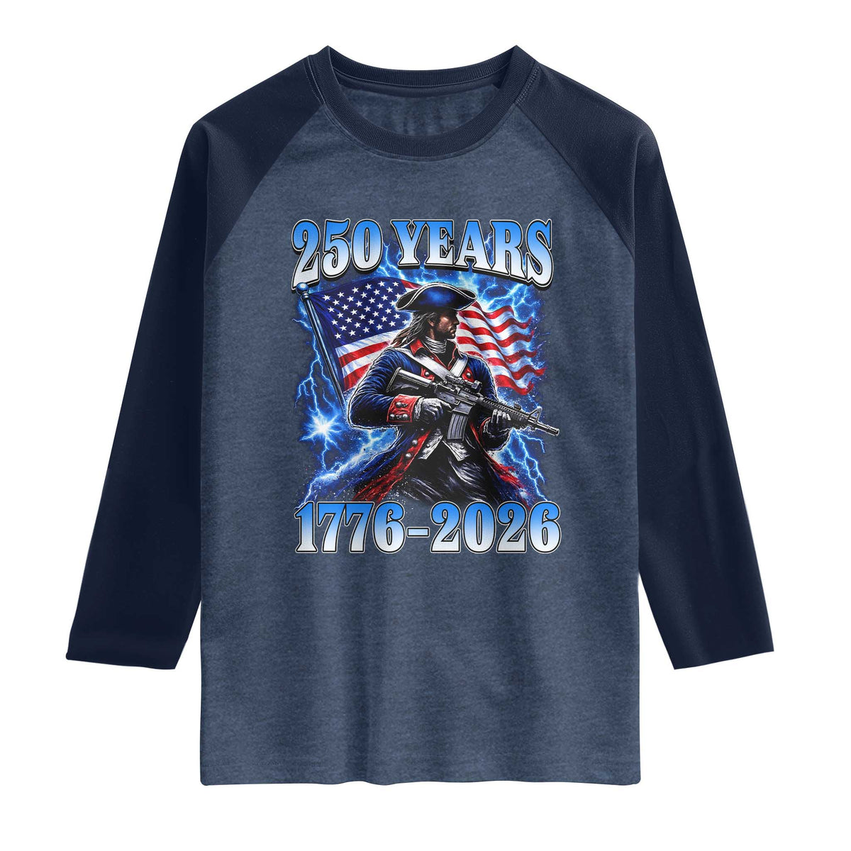 250th Anniversary Yankee Spirit Raglan Shirt 1776 2026 Patriotic Tactical Minuteman US Flag TS10 Heather Denim Navy Print Your Wear