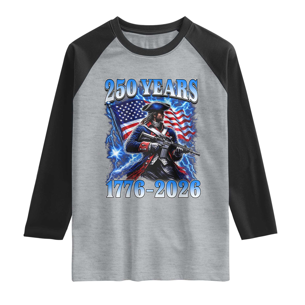 250th Anniversary Yankee Spirit Raglan Shirt 1776 2026 Patriotic Tactical Minuteman US Flag TS10 Heather Gray Black Print Your Wear