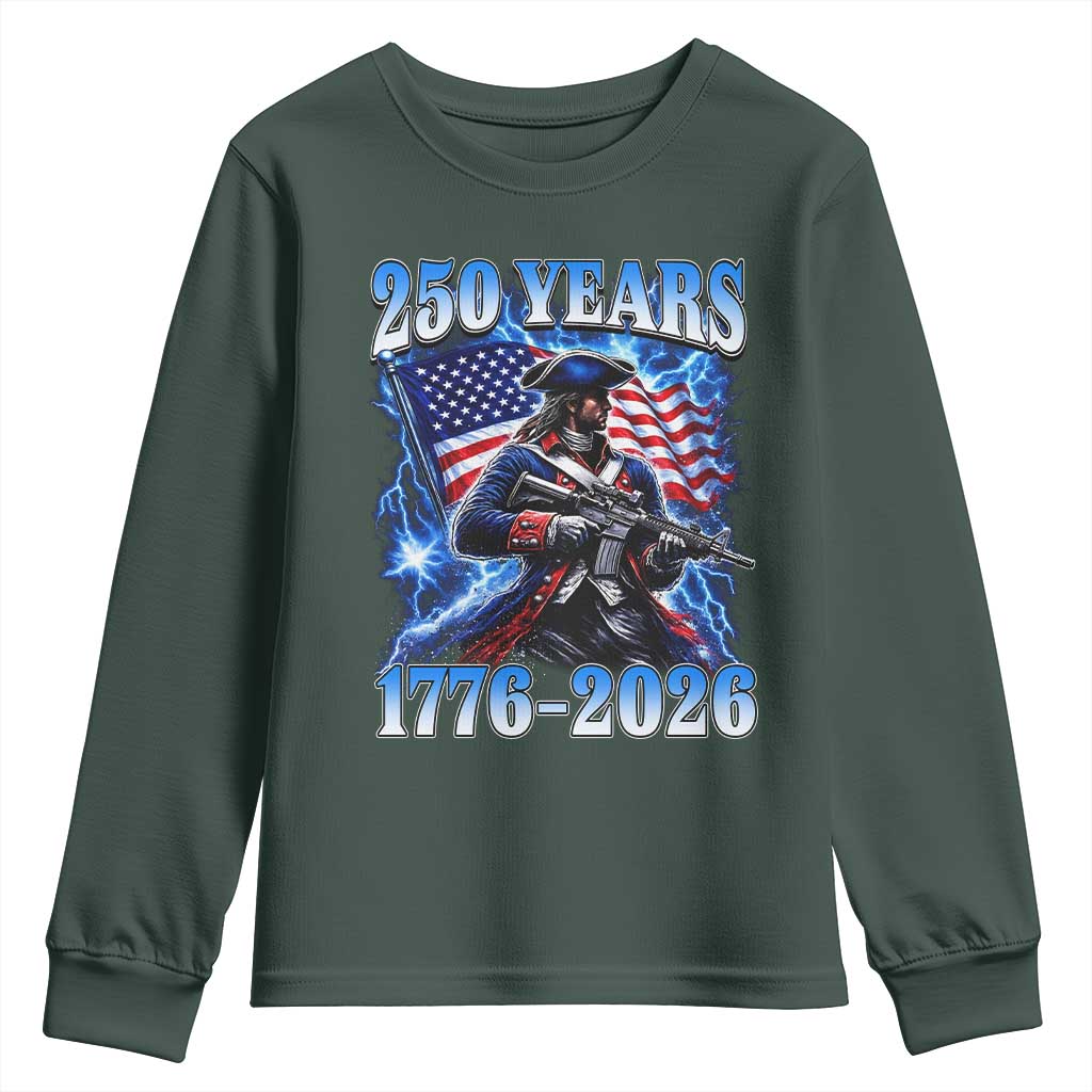 250th Anniversary Yankee Spirit Youth Sweatshirt 1776 2026 Patriotic Tactical Minuteman US Flag TS10 Dark Forest Green Print Your Wear