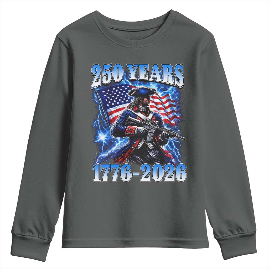 250th Anniversary Yankee Spirit Youth Sweatshirt 1776 2026 Patriotic Tactical Minuteman US Flag TS10 Dark Heather Print Your Wear