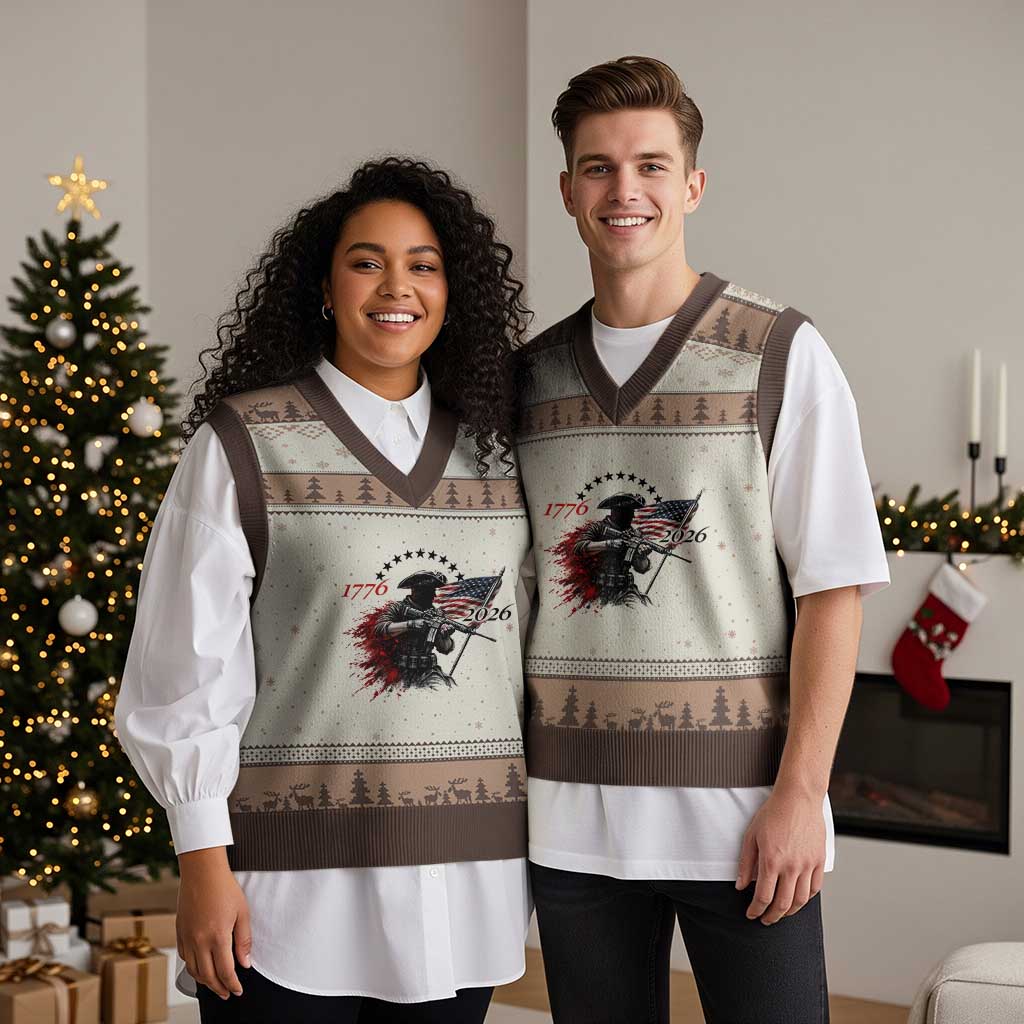 250 Years Anniversary Yankee Spirit V-Neck Knit Sweater Vest 1776 2026 Patriotic Tactical Minuteman Independence Day 4th July US Flag TS10 Mocha Mousse Print Your Wear