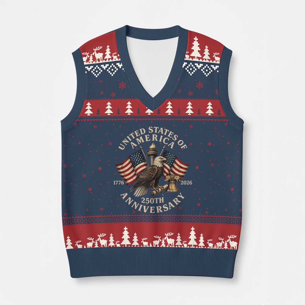 USA 250th Anniversary V-Neck Knit Sweater Vest Vintage Eagle US Flag Independence Day 4th July Patriotic TS10 Navy Red Print Your Wear