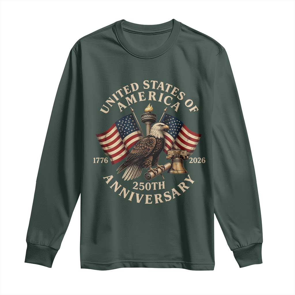 USA 250th Anniversary Long Sleeve Shirt Vintage Eagle US Flag Independence Day 4th July Patriotic TS10 Dark Forest Green Print Your Wear