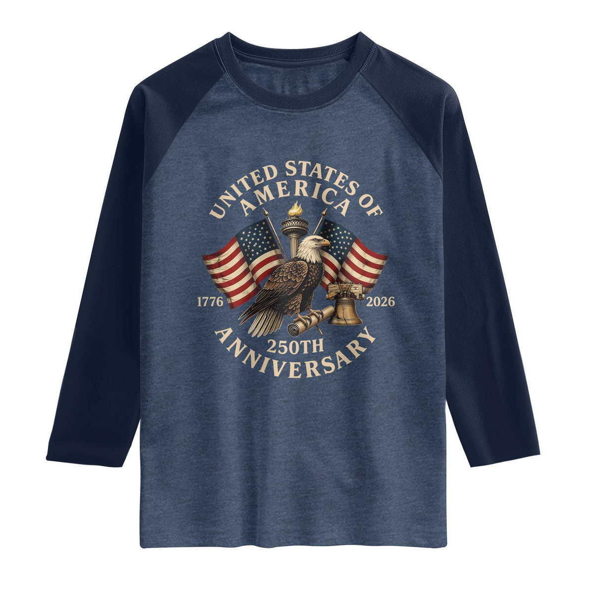 USA 250th Anniversary Raglan Shirt Vintage Eagle US Flag Independence Day 4th July Patriotic TS10 Heather Denim Navy Print Your Wear