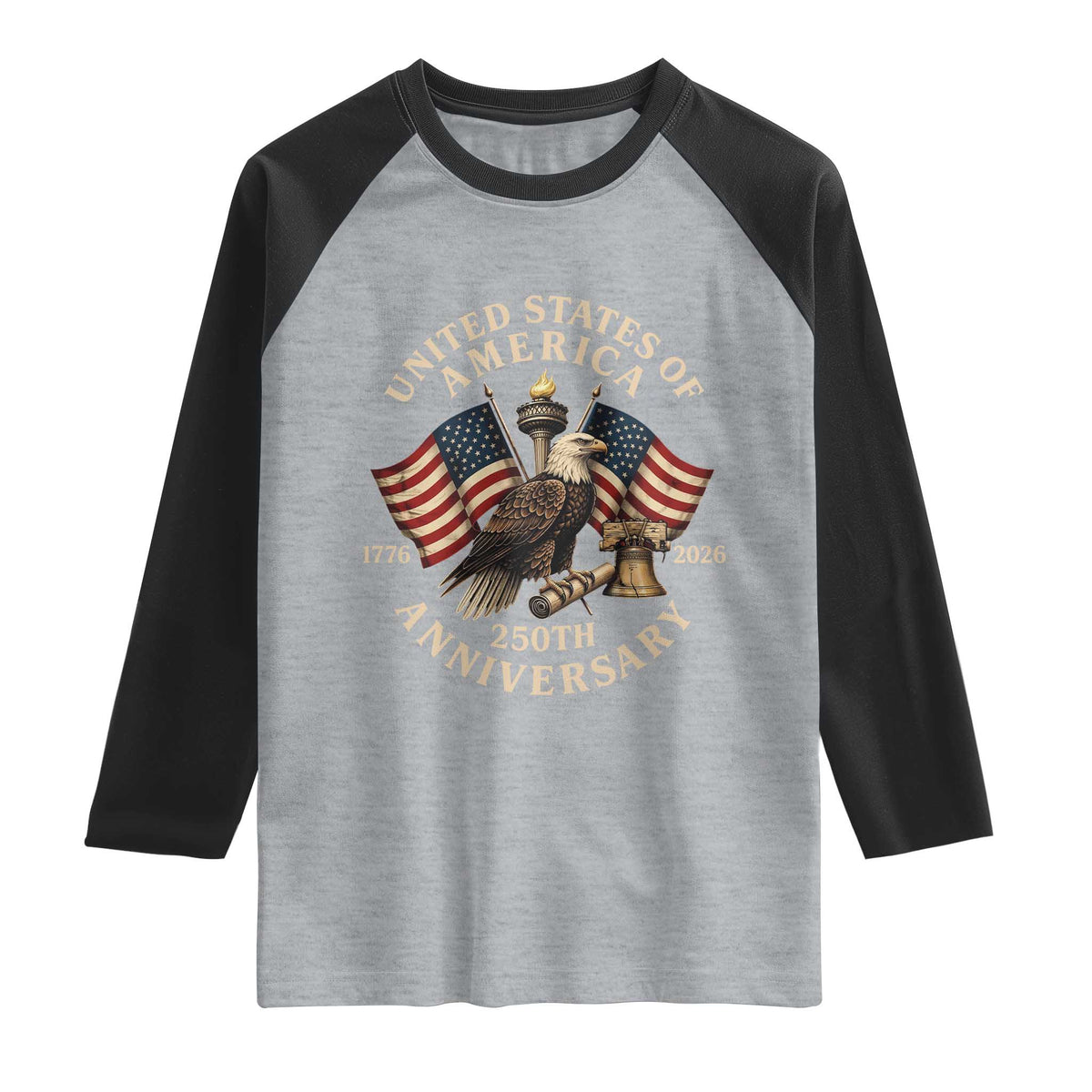USA 250th Anniversary Raglan Shirt Vintage Eagle US Flag Independence Day 4th July Patriotic TS10 Heather Gray Black Print Your Wear