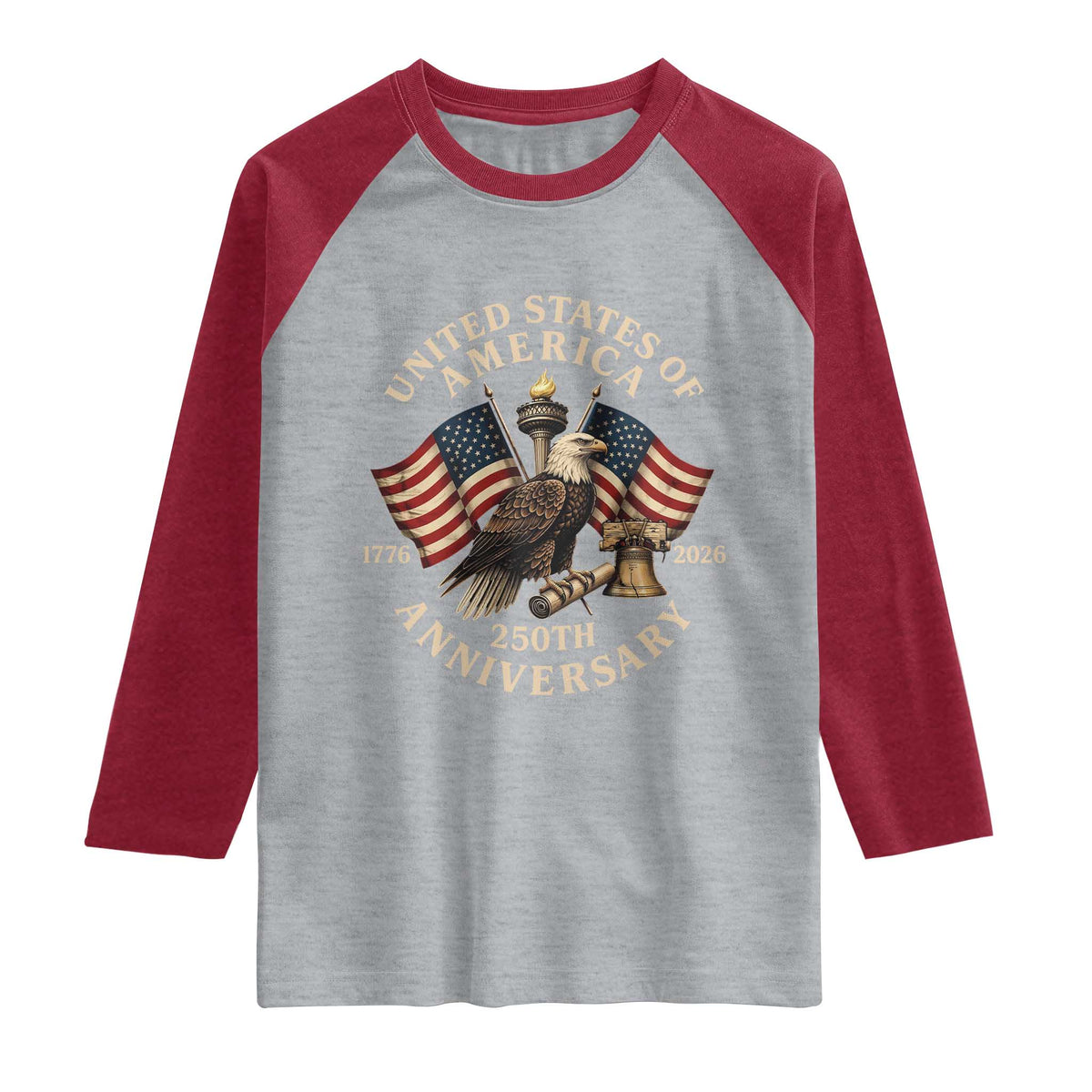 USA 250th Anniversary Raglan Shirt Vintage Eagle US Flag Independence Day 4th July Patriotic TS10 Heather Gray Heather Red Print Your Wear