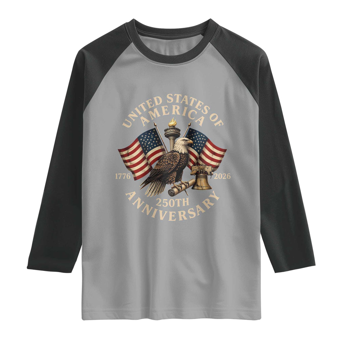 USA 250th Anniversary Raglan Shirt Vintage Eagle US Flag Independence Day 4th July Patriotic TS10 Sport Gray Black Print Your Wear