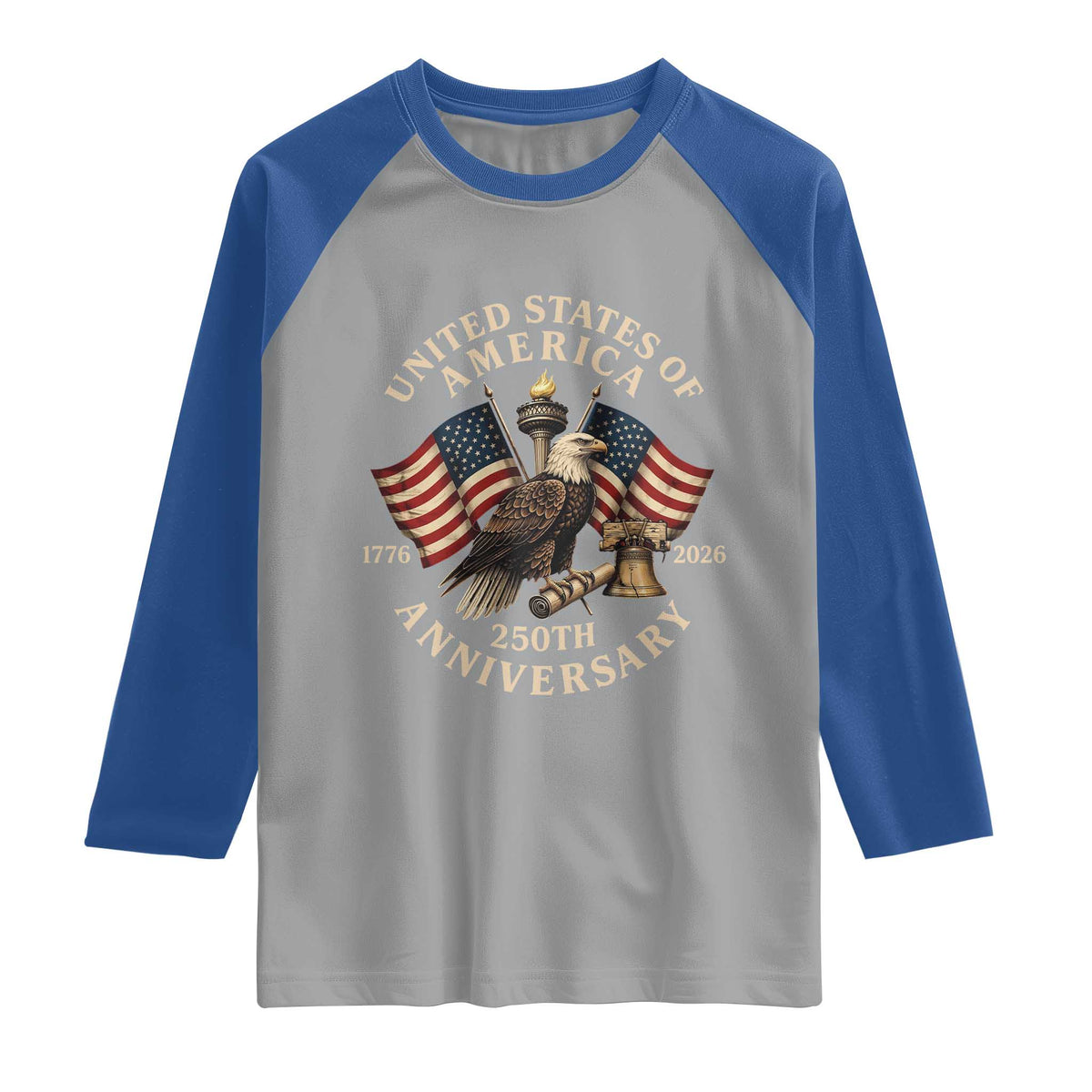 USA 250th Anniversary Raglan Shirt Vintage Eagle US Flag Independence Day 4th July Patriotic TS10 Sport Gray Royal Print Your Wear