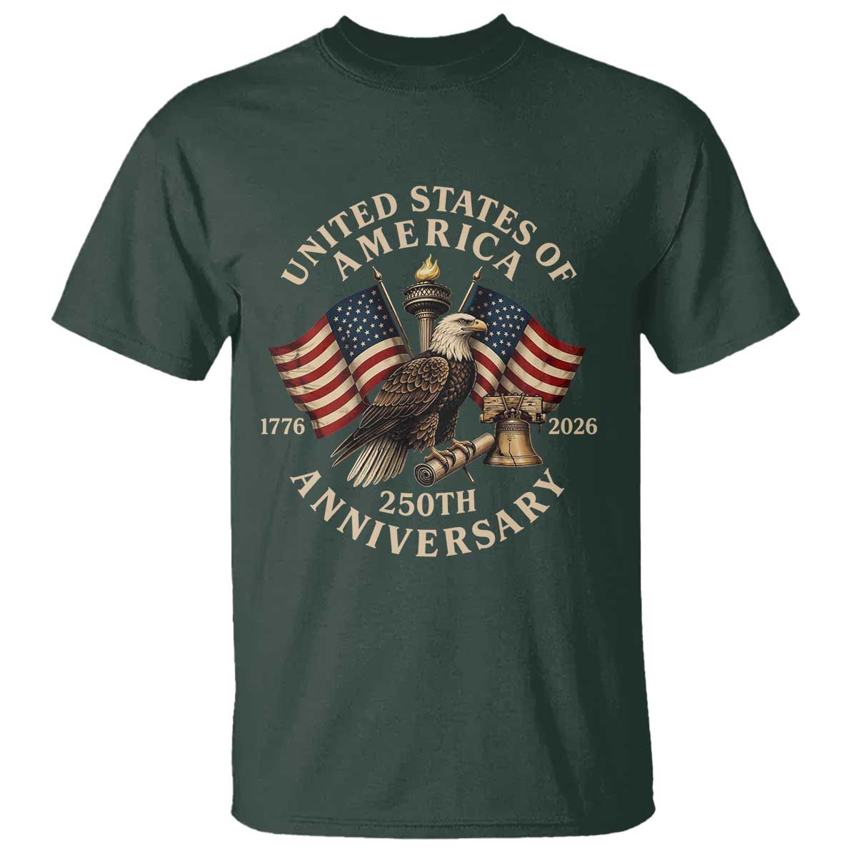 USA 250th Anniversary T Shirt Vintage Eagle US Flag Independence Day 4th July Patriotic TS10 Dark Forest Green Print Your Wear