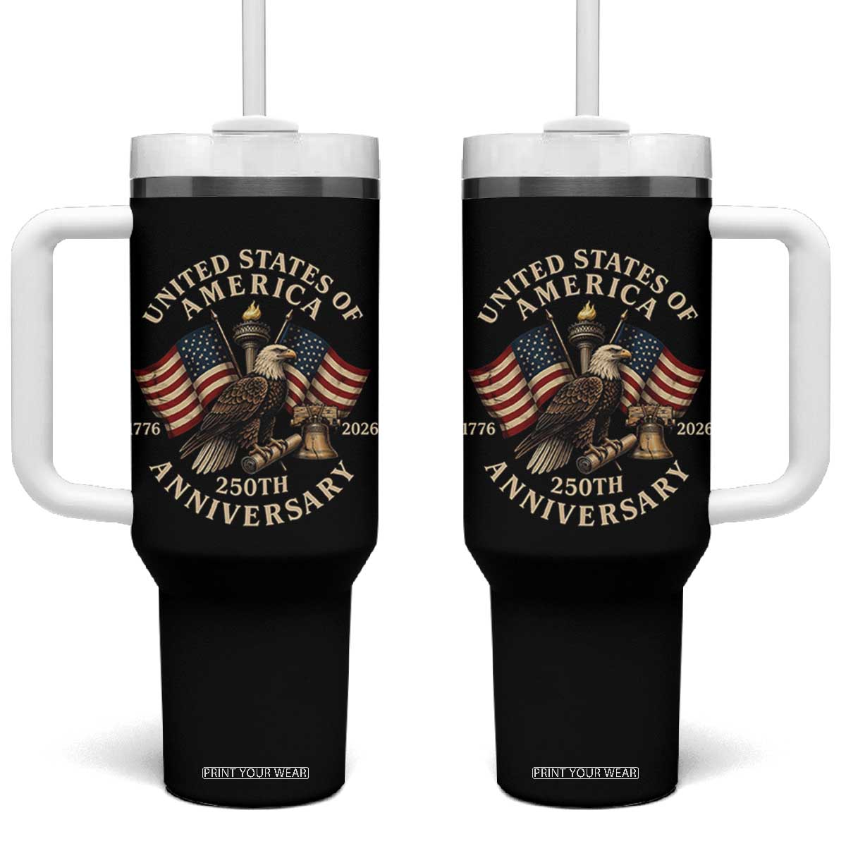 USA 250th Anniversary Tumbler With Handle Vintage Eagle US Flag Independence Day 4th July Patriotic TS10 One Size: 40 oz Black Print Your Wear