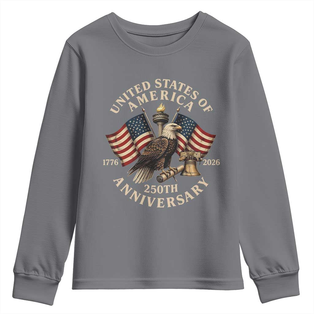 USA 250th Anniversary Youth Sweatshirt Vintage Eagle US Flag Independence Day 4th July Patriotic TS10 Charcoal Print Your Wear