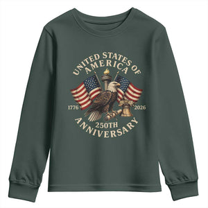 USA 250th Anniversary Youth Sweatshirt Vintage Eagle US Flag Independence Day 4th July Patriotic TS10 Dark Forest Green Print Your Wear