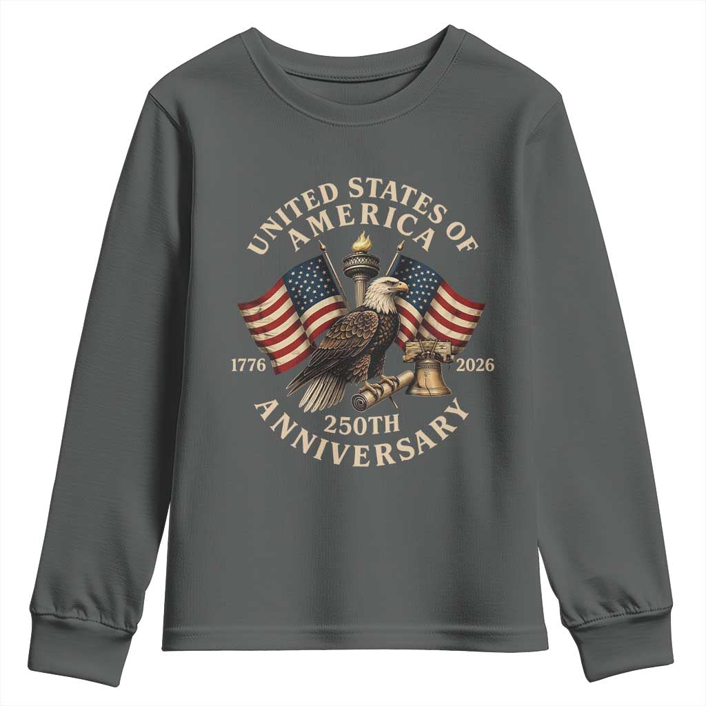 USA 250th Anniversary Youth Sweatshirt Vintage Eagle US Flag Independence Day 4th July Patriotic TS10 Dark Heather Print Your Wear