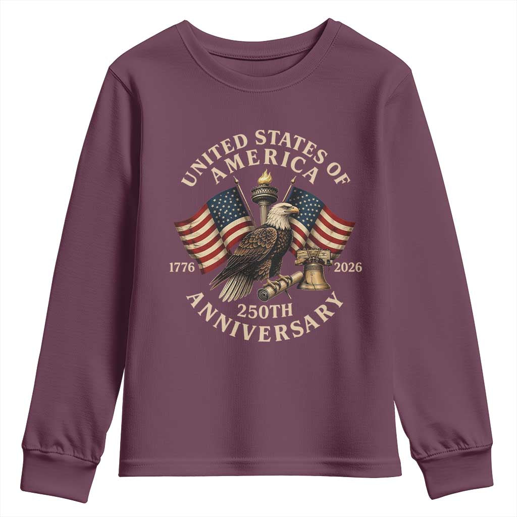 USA 250th Anniversary Youth Sweatshirt Vintage Eagle US Flag Independence Day 4th July Patriotic TS10 Maroon Print Your Wear