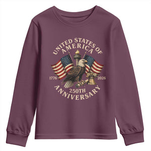 USA 250th Anniversary Youth Sweatshirt Vintage Eagle US Flag Independence Day 4th July Patriotic TS10 Maroon Print Your Wear
