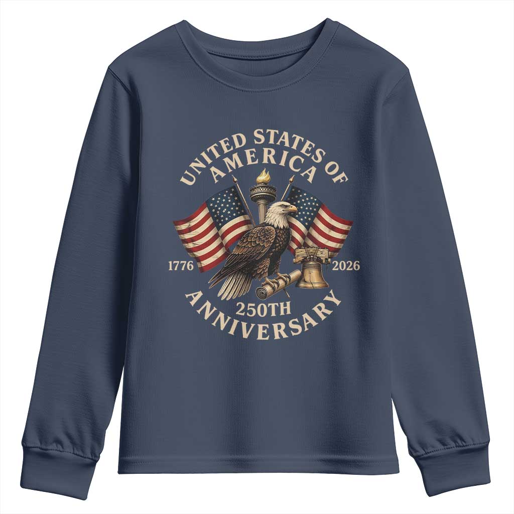 USA 250th Anniversary Youth Sweatshirt Vintage Eagle US Flag Independence Day 4th July Patriotic TS10 Navy Print Your Wear
