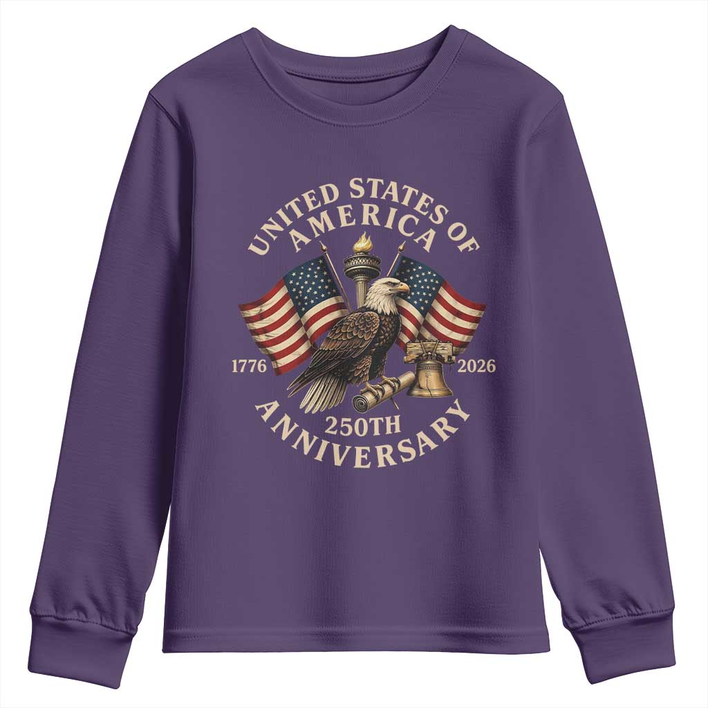 USA 250th Anniversary Youth Sweatshirt Vintage Eagle US Flag Independence Day 4th July Patriotic TS10 Purple Print Your Wear
