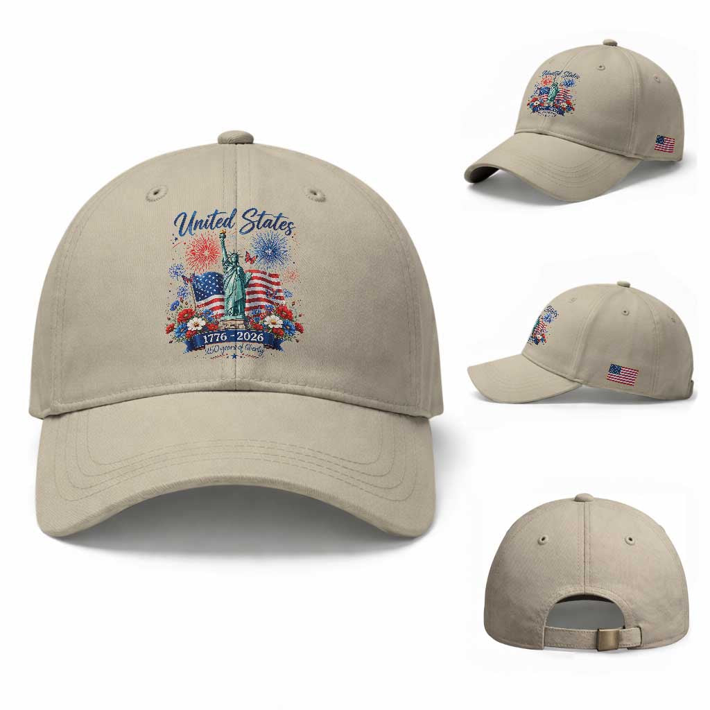 250th Anniversary USA Baseball Cap Patriotic Liberty Floral 250 Years American 4th July 1776 2026 TS10 Baseball Cap Universal Fit Beige Print Your Wear